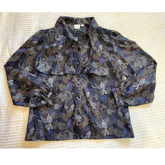 VTG Pykettes Grandmacore Leaf Floral Print Ribbon Neckline Button Up Top Size 12 - Picture 9 of 9